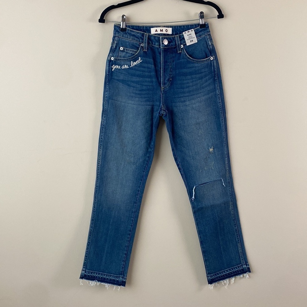 Amo Anthropologie Babe High Rise Ankle Slim Straight Jeans Dive Bar Destroy